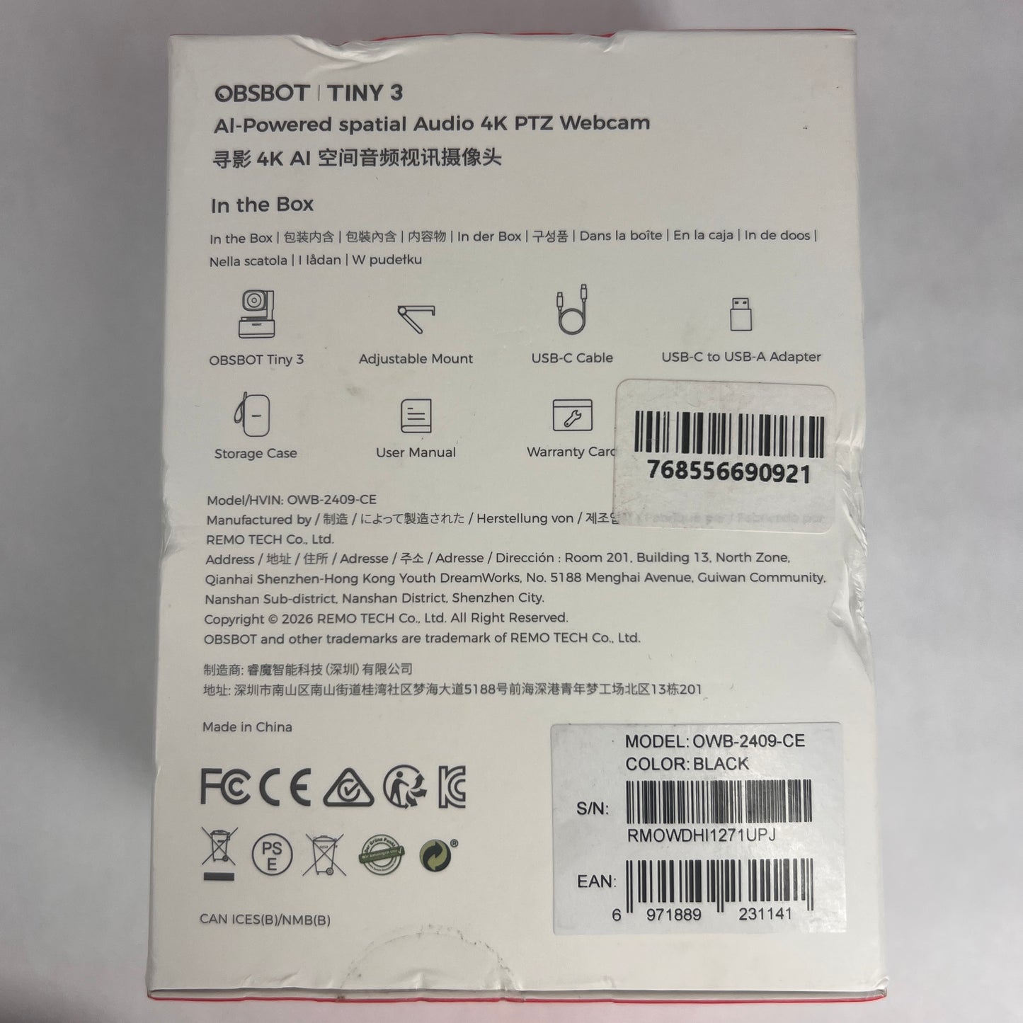 New OBSBOT TINY 3 RMOWDHI1271UPJ 50MP 4K Digital Camera