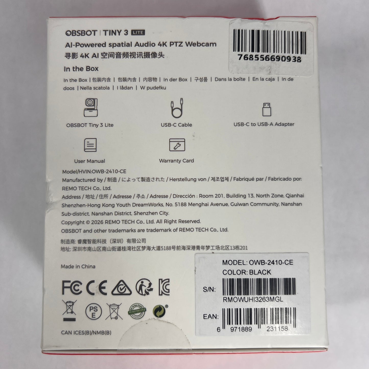 New OBSBOT TINY 3 LITE RMOWUH13263MGL 512MB 4K Webcam